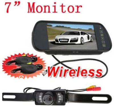 7″ TFT COLOR MONITOR MIRROR + WIRELESS CAR 7 IR REARVIEW PARKING CAMERA KIT